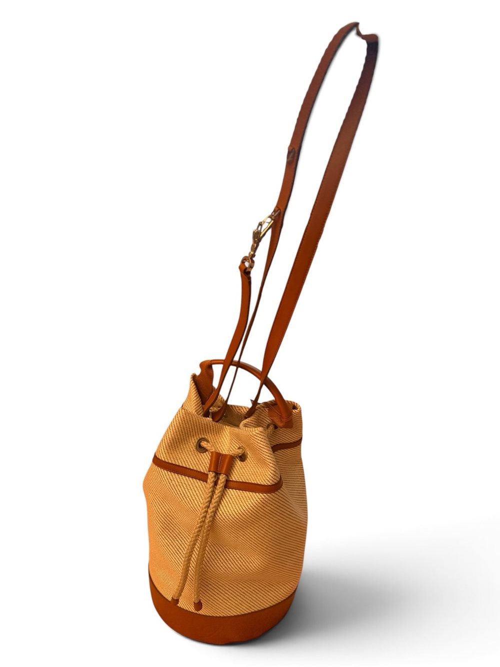 Loro Piana Cream Canvas Bucket Tote with Tan Leather Trim and Canvas Cover Bag - Picture 14 of 14